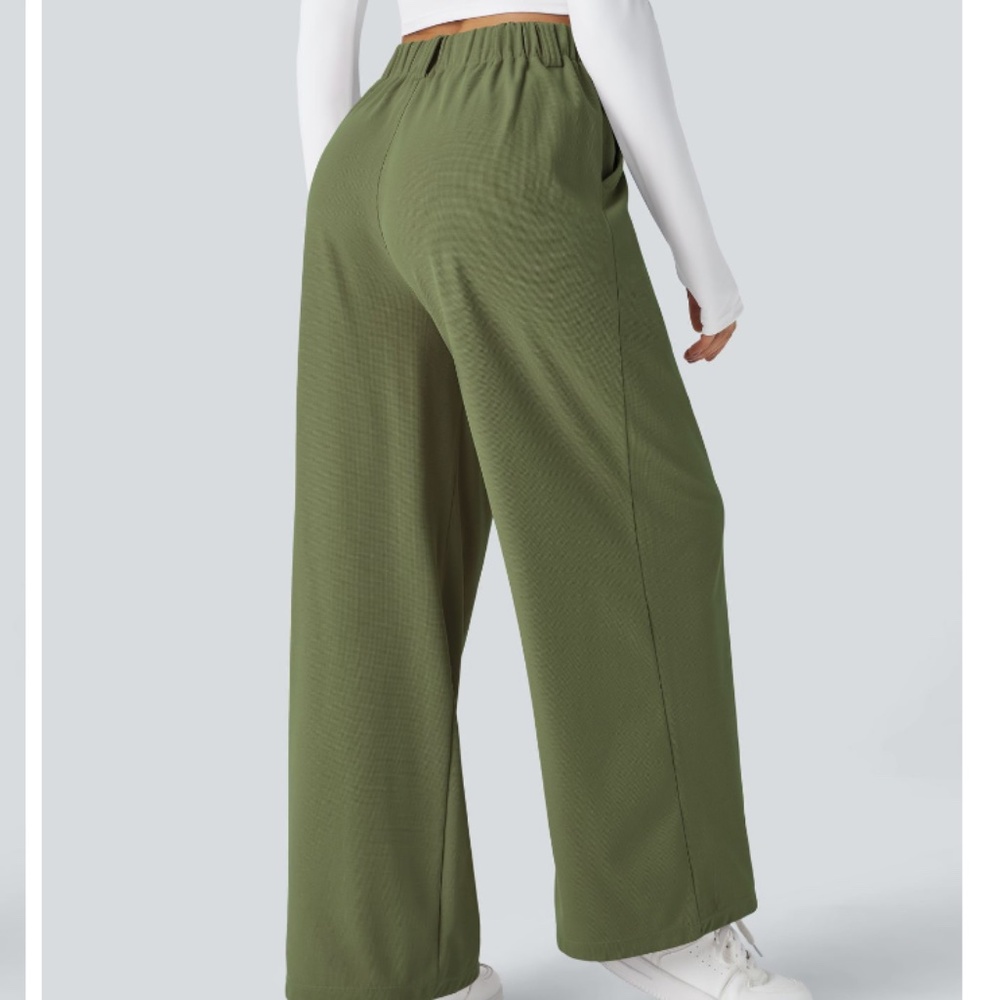 Halara Flex High Waisted Pocket Wide Leg Waffle Work Pants Loden Green Sz L NWT - Picture 3 of 9